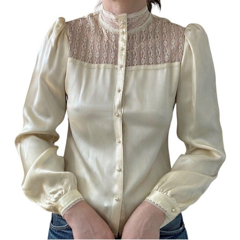 Vintage 1970s Gunne Sax Ivory Cream Satin Romantic Cottagecore Blouse Sz S - Picture 2 of 10